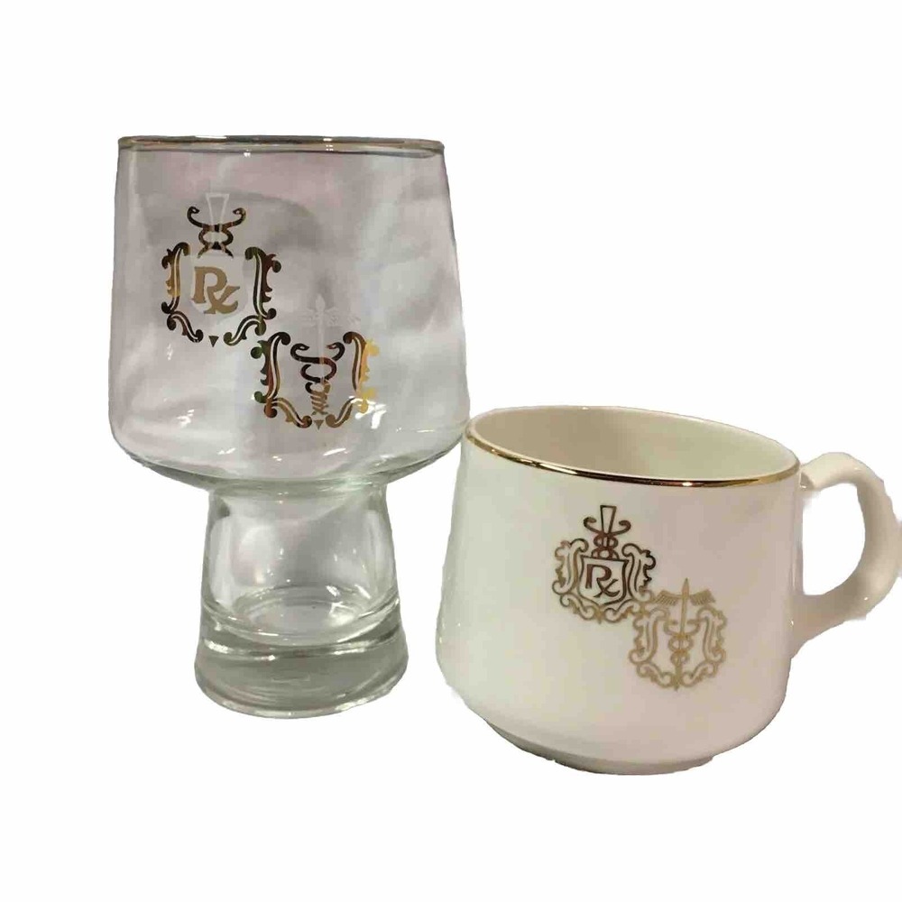 DOCTOR PHARMACIST Apothecary‎ CADUCEUS RX GOLD RIM Coffee Cup and Glass Set